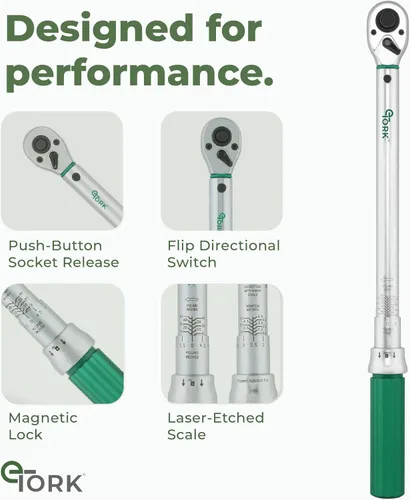 Miniatura 3 de eTORK Llave dinamométrica de ⅜" con sistema de bloqueo magnético - Llave dinamométrica de libras-pie (10-100 ft.-lb.) (15-135 N.m), Juego