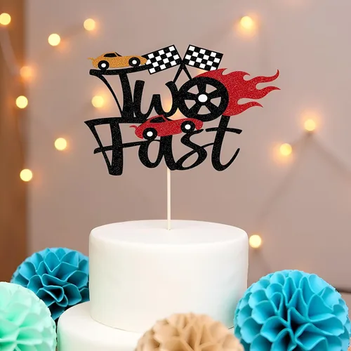 Miniatura 5 de Sleyberoy Dos adornos para tartas de carreras rápidas, tema de bandera a cuadros, aniversario del club de fans de carreras, baby shower, suministros