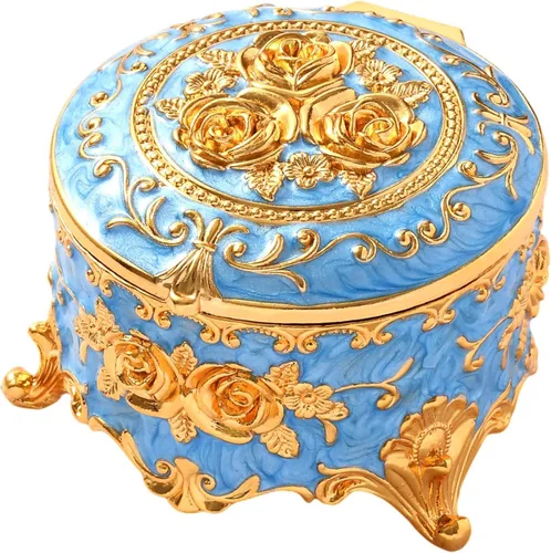Joyero vintage, caja redonda de oro para anillos del tesoro, organizador de metal para recuerdos, regalo para niñas y mujeres, color azul claro