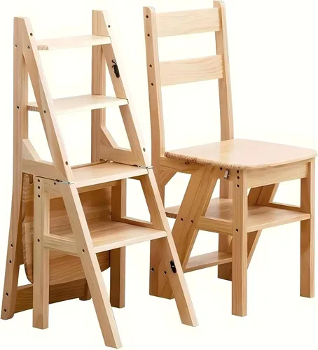 Miniatura 9 de Escalera plegable de 4 niveles, silla plegable de madera 3 en 1, taburete portátil multifunción con capacidad de 198 libras, estante de exhibición