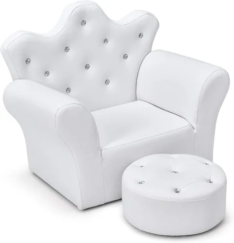 Costzon Sofá para Niños, Sofá Tapizado para Niños con Otomán, Sofá de Princesa con Decoración de Diamantes, Otomán, Silla de Cuero PVC Suave para