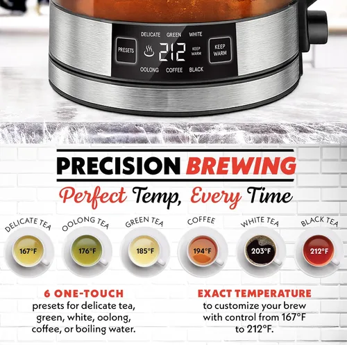 Miniatura 2 de Gourmia Hervidor digital programable de vidrio – Hervidor eléctrico de temperatura ajustable de 1.7 L con 6 ajustes preestablecidos, mantiene