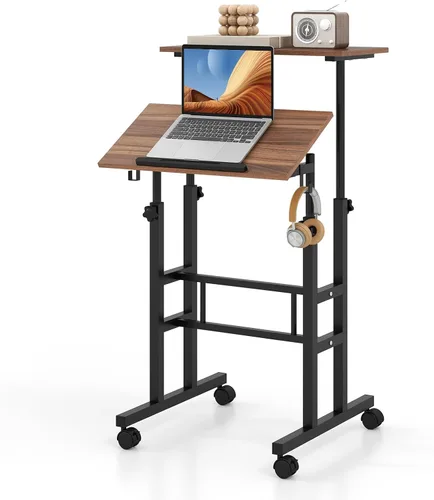 Miniatura 12 de Tangkula Escritorio móvil de pie, carrito de podio para laptop de altura ajustable con mesa inclinable y ángulo ajustable, escritorio de computadora