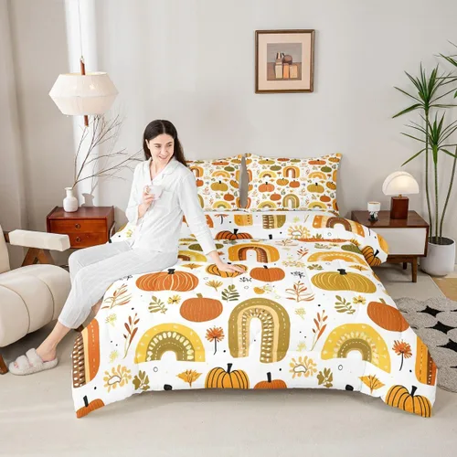 Miniatura 5 de Juego de ropa de cama de calabaza otoñal para niños, cosecha de otoño, juego de edredón de decoración de Acción de Gracias para niños y niñas, Multi