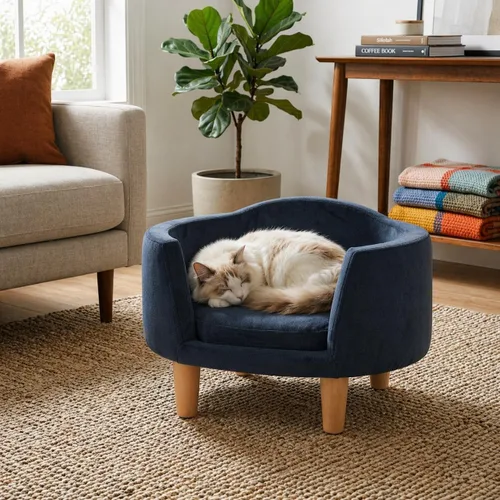 Miniatura 3 de HomePop Cama tapizada curvada para mascotas - Cama redonda de lujo para gatos y perros, muebles de terciopelo azul para mascotas