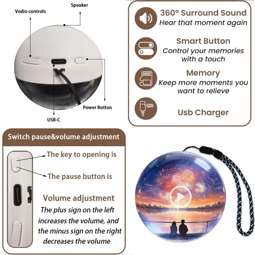 Miniatura 6 de Lámpara de memoria 3D 2026, reproductor de video de bola de cristal de 2.7 pulgadas, videos y fotos personalizables, reproductor de video de bola