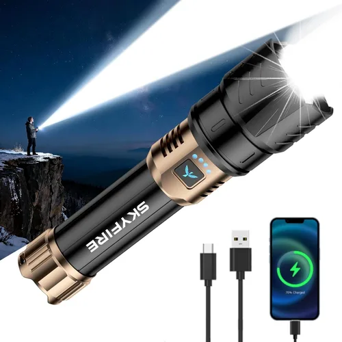 SKYFIRE - Linternas recargables de alto lúmenes, 10000 linterna súper brillante con zoom, 4 modos, impermeable, luz LED táctica para camping,
