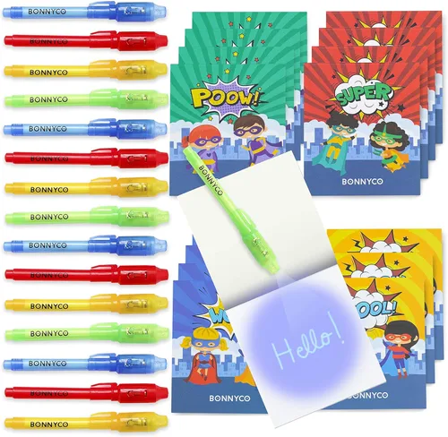 Miniatura 9 de BONNYCO Paquete de 32 bolígrafos y cuadernos de tinta invisible. Recuerdos de fiesta con temática espacial para niños, bolsas de regalo, piñata