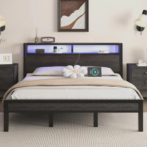 Miniatura 12 de Marco de cama tamaño completo con cabecera de almacenamiento, cama plataforma industrial con estación de carga y luces LED, listones de metal Negro