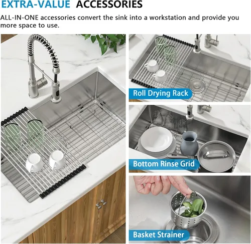 Miniatura 4 de Fregadero de cocina empotrado 30 - Fregadero empotrado de 30"x19" de acero inoxidable calibre 16 de un solo tazón debajo de la encimera