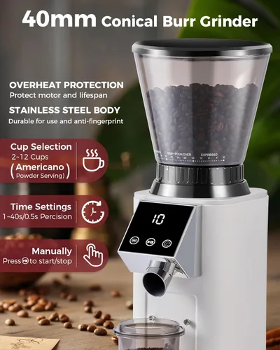 Miniatura 2 de Tuni G1 Molinillo de café con rebabas cónicas, 48 ajustes de molienda, molinillo de fresas antiestáticas, temporizador electrónico de precisión