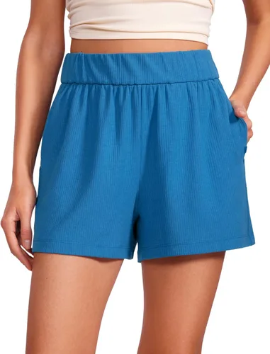 CRZ YOGA Cómodos pantalones cortos acanalados para mujer, de cintura alta, lyocell para uso casual, para descansar, atlético, con bolsillos