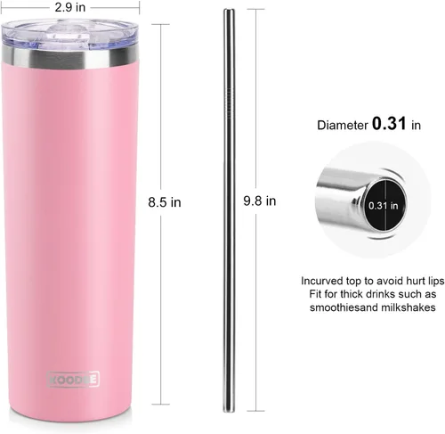 Miniatura 7 de Koodee - Vaso delgado de acero inoxidable de 20 onzas (4 unidades) aislado con doble pared, vaso de agua con 4 tapas, 4 popotes y 2 cepillos