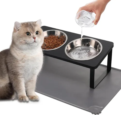 Miniatura 19 de Cuencos elevados mejorados para gatos con alfombrilla para comida, soporte inclinado a 15° anti-vómito, cuencos elevados para gatos para comida