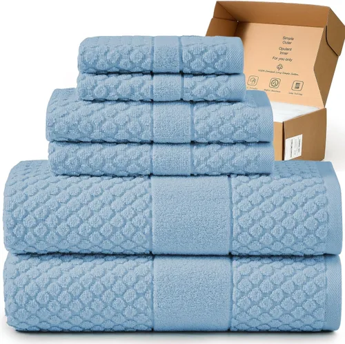 Simple&Opulence Juego de toallas de lujo de 6 piezas, toallas de baño 100% algodón con lazo para colgar (2 toallas de baño, 2 toallas de mano, 2