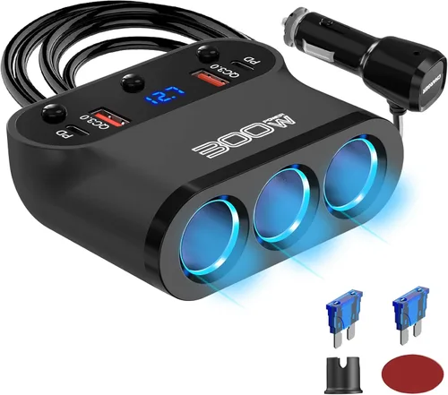 Adaptador divisor de encendedor de cigarrillos de 300 W: divisor de coche de 12 V de 3 zócalos Extensión de cargador de coche Dual PD USB C y 18 W