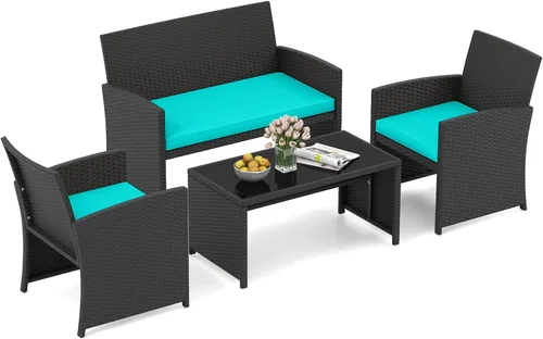 Miniatura 9 de HAPPYGRILL Juego de 4 muebles de mimbre para exteriores con mesa de centro de vidrio templado, cojines suaves, juego de sillas de ratán resistentes