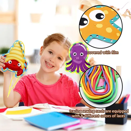 Miniatura 7 de Tarjetas de costura de animales marinos para niños, paquete de 12 tarjetas de costura con temática de tiburón, ballena, océano, decoración
