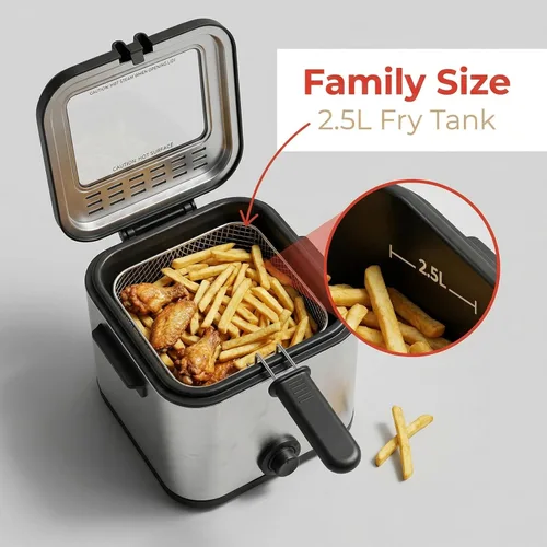 Freidora eléctrica de 2.5 L, freidora para el hogar de 1000 W con canasta, freidora de encimera para pollo frito, camarones, papas fritas y más (9.1