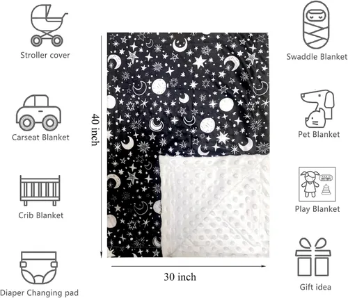Miniatura 2 de Manta de bebé para niñas y niños, luna negra, estrella, minky, súper suave, manta de recepción de doble capa con respaldo punteado para recién