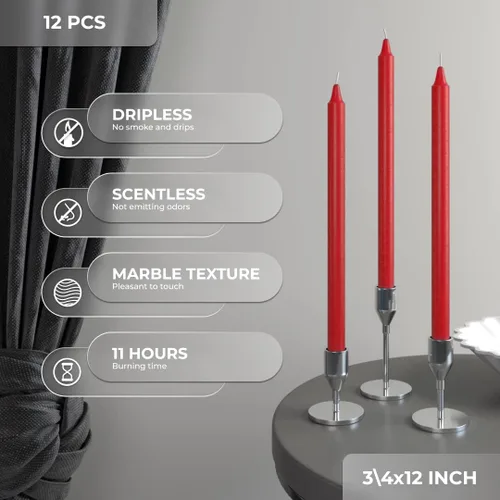 Miniatura 2 de CANDWAX Paquete de 12 velas cónicas rojas – Velas rectas sin goteo de combustión lenta sin perfume de 12 pulgadas – Ideal para mesa de comedor – Rojo
