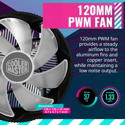 Miniatura 4 de Cooler Master Enfriador de aire i70 de bajo perfil para CPU, aletas de aluminio negro anodizado con ventilador de 120 PWM, base de inserción