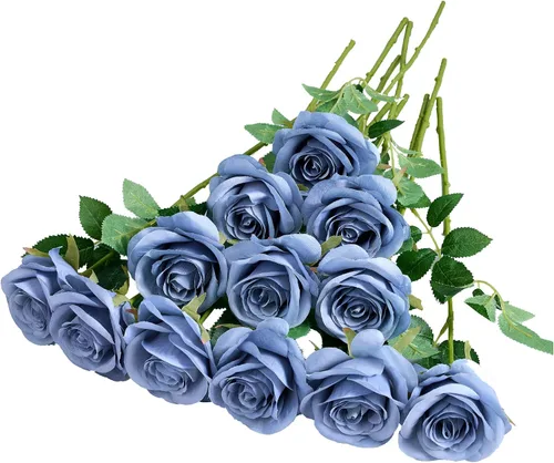Miniatura 20 de 12 piezas Rosas Flores Artificiales Rosas Falsas Azul Bebé Rosas de Seda Flores de Seda Blancas Rosas con Tallos Largos para Bodas Hogar Fiestas