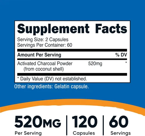 Miniatura 2 de Nutricost Carbón activado de 520 mg, 120 cápsulas – Polvo premium, sin OMG y sin gluten