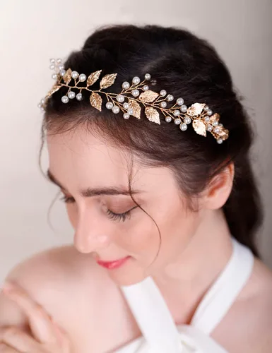 Miniatura 7 de Chargances Peine de vid de cristal con perlas para novias, diadema larga dorada, diadema larga, accesorio hecho a mano, accesorios para el cabello