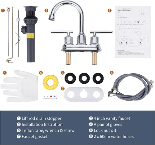 Miniatura 7 de WOWOW Grifo de baño cromado de 3 agujeros, grifo de lavabo de baño de 2 manijas, juego central de grifo de tocador de 4 pulgadas, grifo de agua