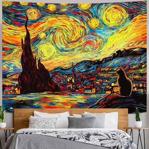 Miniatura 8 de Spenlife Blacklight - Fantástico tapiz de gato negro, tapiz de pared de gato reactivo que brilla con rayos UV para decoración de habitación, tapiz