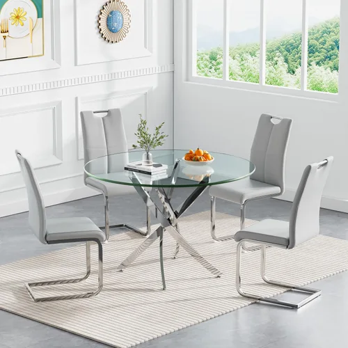 Miniatura 9 de Juego de mesa redonda de comedor para 2, juego de mesa de comedor de 3 piezas con mesa de comedor de vidrio plateado de 36 pulgadas y 2 sillas