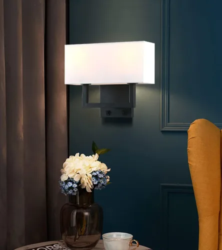 Miniatura 3 de PERMO Apliques de pared con acabado negro, doble aplique con pantallas textiles blancas y botón de encendido/apagado, lámpara de pared para sala