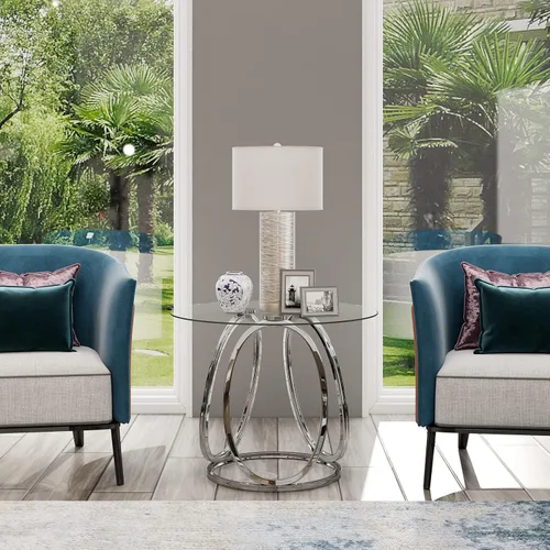 Miniatura 6 de O&K FURNITURE Mesa auxiliar plateada para sala de estar, mesa auxiliar de vidrio para dormitorio, moderna mesita de noche redonda de vidrio