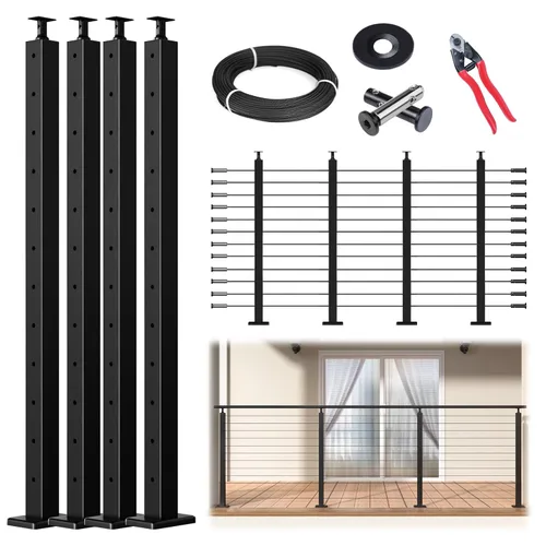 Miniatura 11 de Muzata Paquete de 4 postes de barandilla de cable negro de 42 pulgadas, 42 x 2 x 2 pulgadas, montaje en superficie perforada de nivel T304, kit