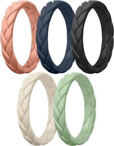 Miniatura 107 de Egnaro Anillos de boda de silicona para ella, conjuntos de novia de goma para mujer, bandas finas, diseño trenzado de hojas apilables con ranuras