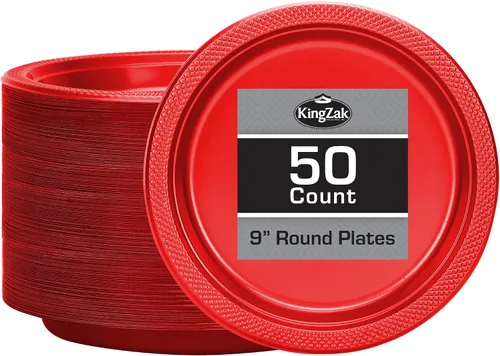 Platos de plástico rojos de la colección Hanna K. Signature, redondos de 9 pulgadas, 50 unidades – Platos desechables resistentes para cenas de