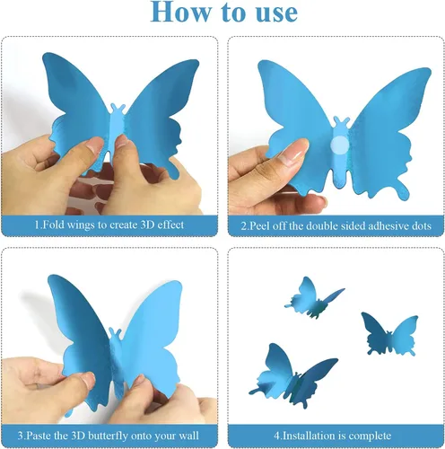 Miniatura 4 de Calcomanías 3D de pared de mariposa, 24 piezas extraíbles de 3 tamaños 3D de mariposa azul para decoración de pared, calcomanías de decoración