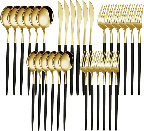 Miniatura 9 de Kawlity Cubiertos de acero inoxidable duraderos de color blanco y dorado, cuchillos pulidos, cuchara, tenedores, 30 piezas, vajilla de cena