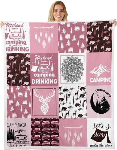 Miniatura 11 de Manfei Manta de camping gris y negro camuflaje a cuadros para niños y adolescentes, manta de ciervos con osos rústicos para sofá, manta de vellón