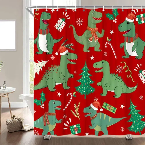 Miniatura 3 de Cortina de ducha de dinosaurio de Navidad, sombrero de Navidad, árbol de abeto, vacaciones de invierno, Año Nuevo, lindo animal de dibujos animados