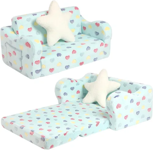 Miniatura 11 de MOMCAYWEX Sofá para bebé, 2 en 1, sofá suave para niños plegable con almohada de estrellas, sofá plegable para convertir en sofá cama, extra ancho