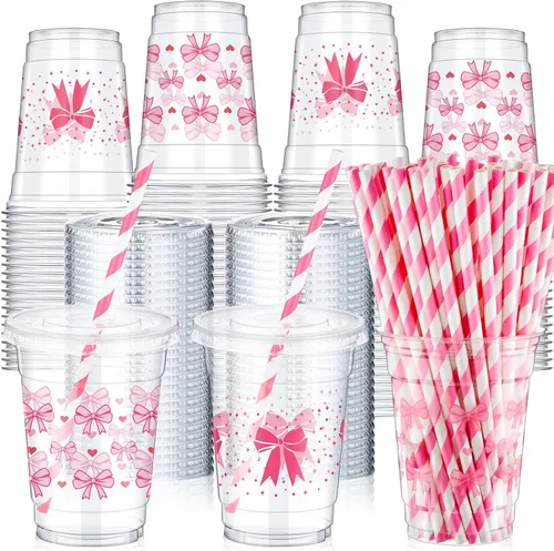 Miniatura 13 de Yaomiao 300 Piezas Vasos de Plástico de Baloncesto de 12 oz con Tapas y Pajitas Vasos Transparentes Desechables de Plástico Feliz Fiesta Temática