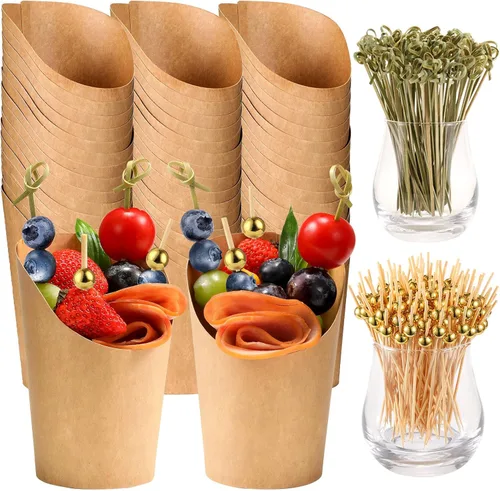 50 Tazas de Charcutería con Brochetas, Tazas de Papel de 12 Oz para Aperitivos con Palillos de Cóctel, Soporte para Papas Fritas Kraft Marrón, Conos
