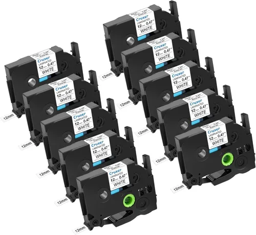 Cruxer Paquete de 10 piezas de repuesto para P-Touch TZe-231 TZe231 TZ-231 0.472 in 0.47 pulgadas 1/2 cinta de etiquetas laminadas negro sobre