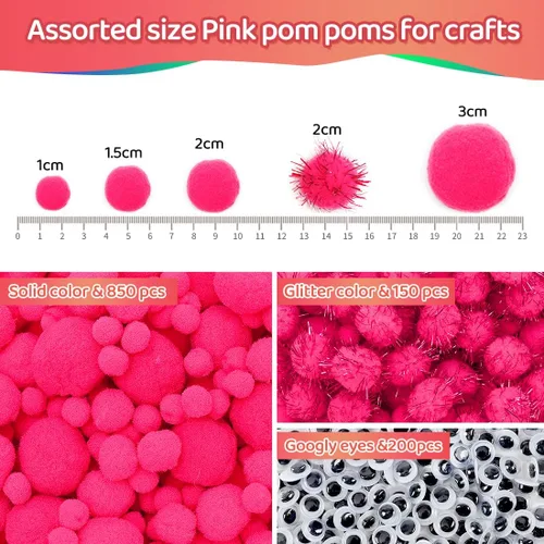 Miniatura 2 de Iooleem Pompones rosados – Tamaño surtido, 1200 piezas con ojos móviles, opciones de purpurina, perfectos para artes y manualidades