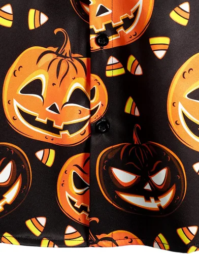 Miniatura 6 de VATPAVE Camisas de manga corta con botones de calabaza de Halloween para hombre