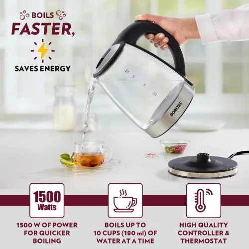 Miniatura 6 de Borosil Hervidor eléctrico de vidrio, vidrio de borosilicato, cable extralargo, protección contra ebullición, base giratoria de 360°, 1.8 L