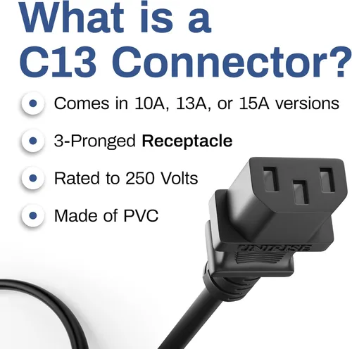 Miniatura 2 de UNC Cable de alimentación PDU C13 a C14, 1.5 pies, paquete de 20 unidades, negro, 10 amperios, SJT 250V, certificación UL, cable de extensión IEC