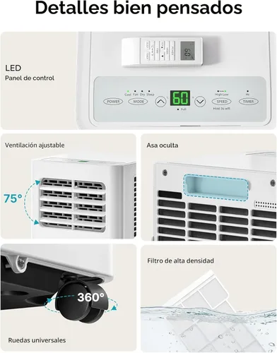 Miniatura 7 de EUHOMY Aire acondicionado portátil de 8000 Btu, 3 en 1, aire acondicionado portátil con modos de frío, seco, ventilador, aire acondicionado